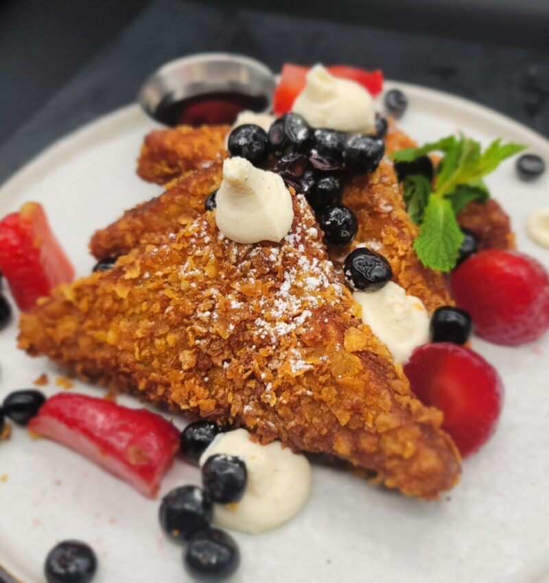 Corn Flake Crusted French Toast, Lavender Compressed Berries, and Hazelnut Mascarpone